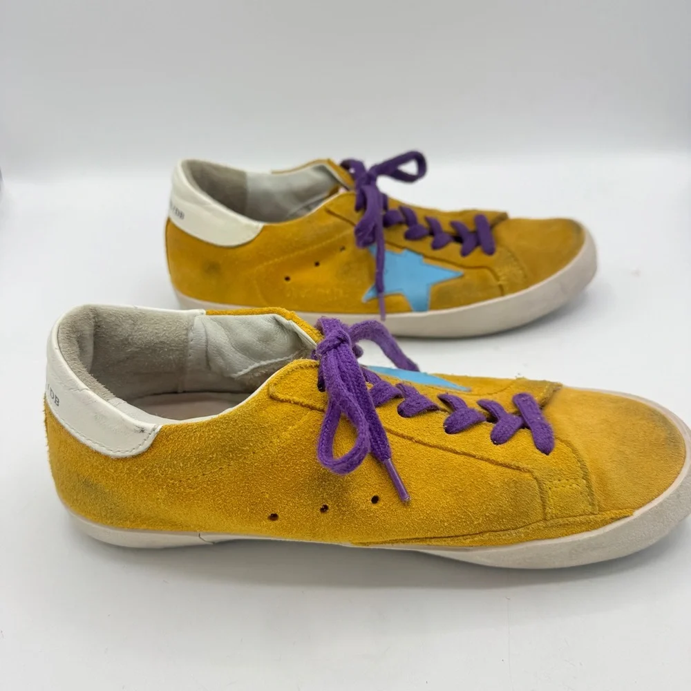 Golden Goose Yellow Suede Sneakers with Purple Laces and Teal Star